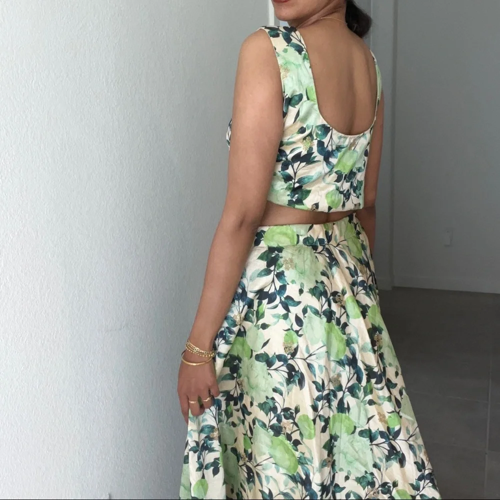 Green & Beige Floral 2-Piece Lengha Set - Picture 3 of 3